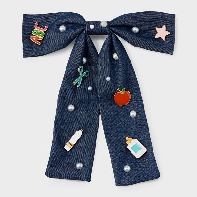 Teacher Icon Apple Pencil Glue Bottle Charm Denim Hair Bow Clip - Multicolor