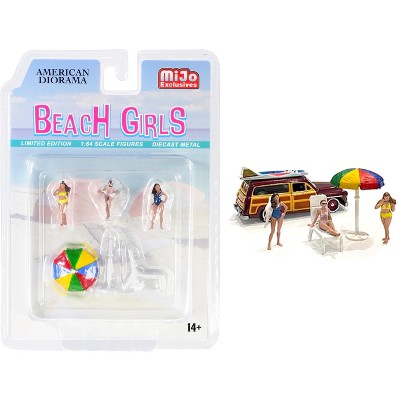 "Beach Girls" 5 piece Diecast Set (3 Figurines, 1 Beach Chaise and 1 Beach Umbrella) for 1/64 Scale Models by American Diorama