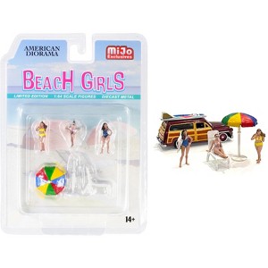 "Beach Girls" 5 piece Diecast Set (3 Figurines, 1 Beach Chaise and 1 Beach Umbrella) for 1/64 Scale Models by American Diorama - 1 of 3