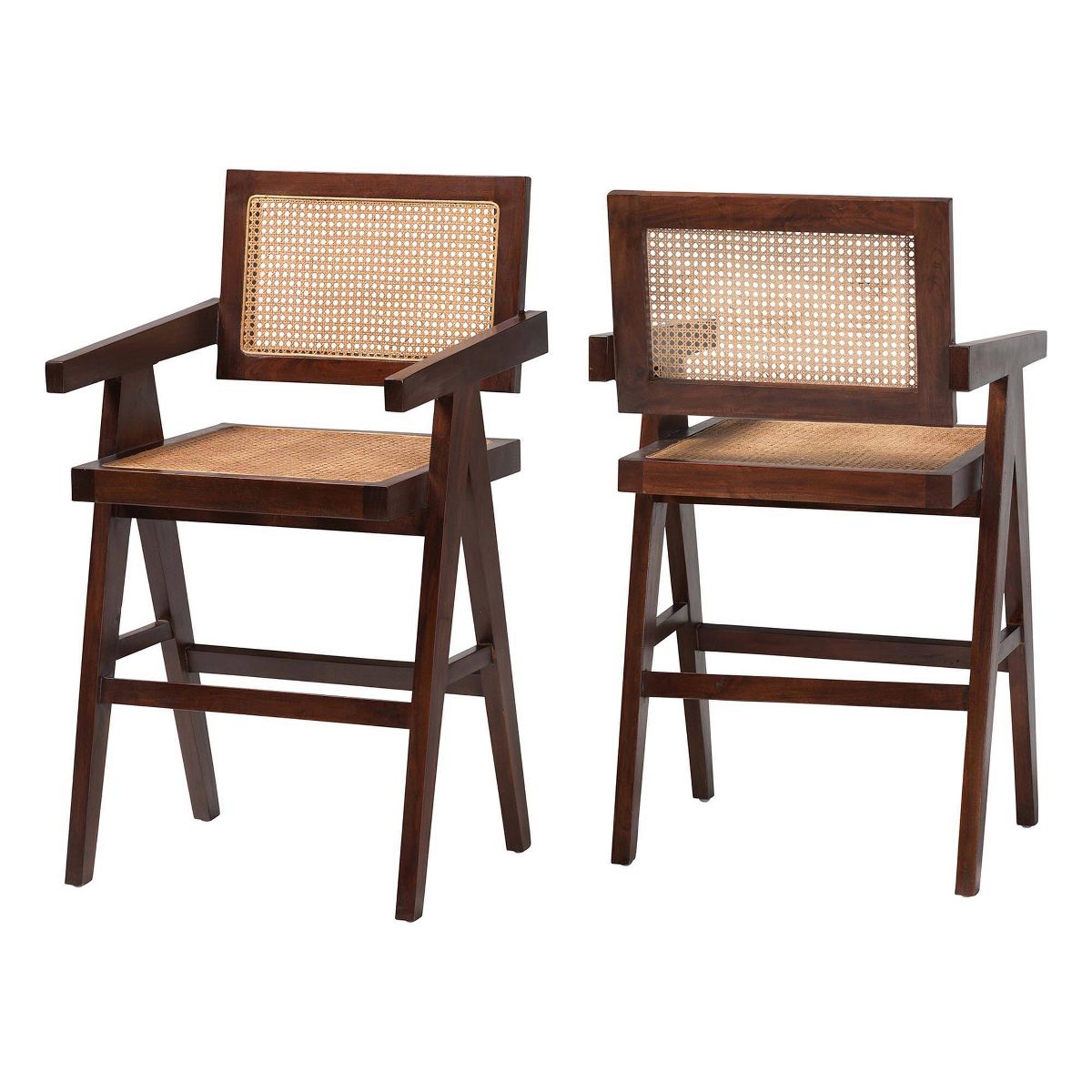 bali & pari Kresna Rattan Counter Stool with Mahogany Wood Frame and Armrest Dark Walnut Brown/Natural Brown