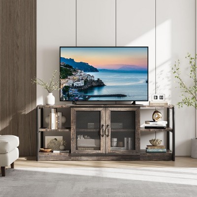 Farmhouse TV Stand for 65/75 Inch TVs, Industrial Entertainment Center With Double Mesh Doors