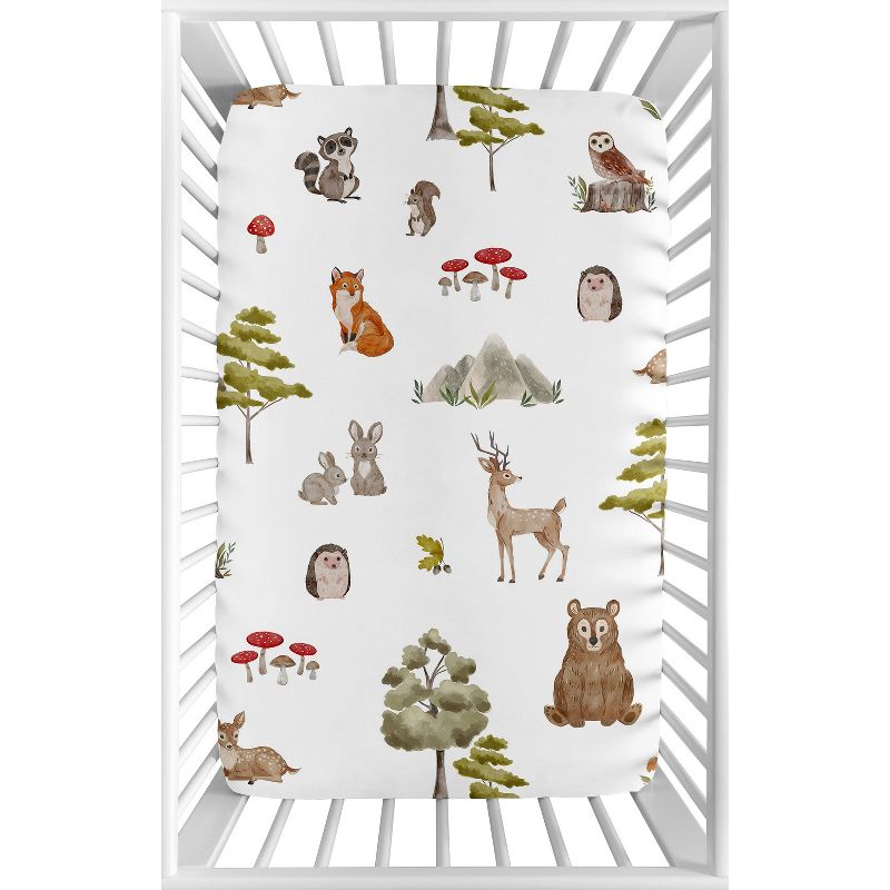 Sweet Jojo Designs Gender Neutral Unisex Baby Fitted Mini Crib Sheet Watercolor Woodland Forest Animals Green Brown White, 1 of 7