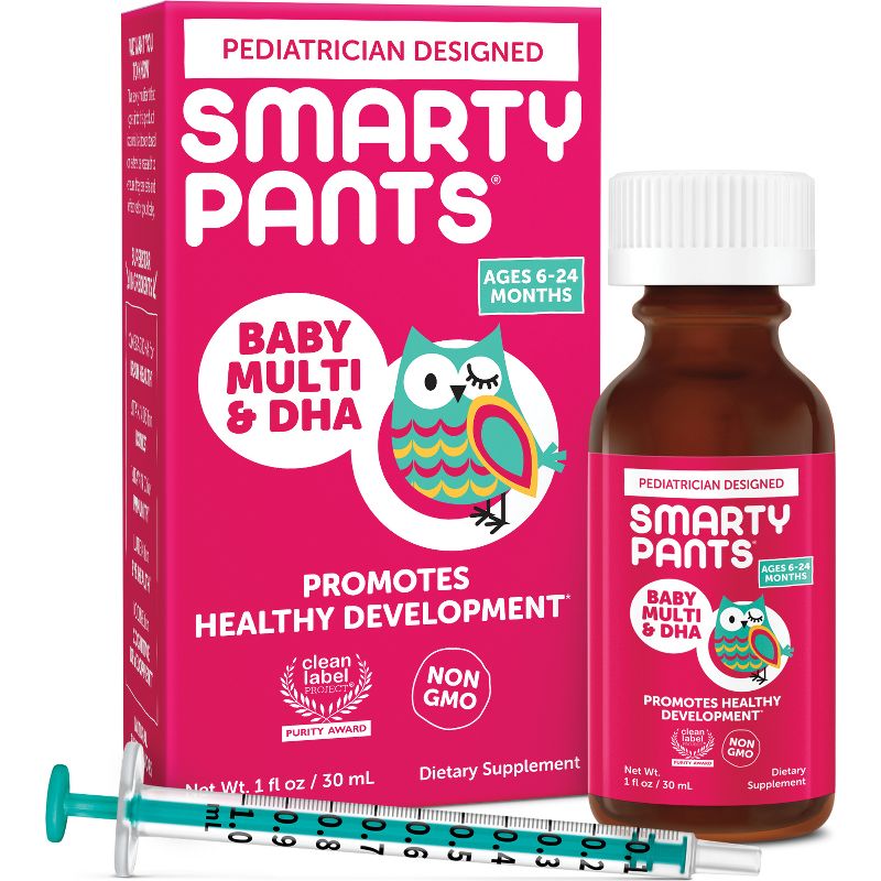 SmartyPants Baby Multi &#38; DHA Liquid Drops with Vitamin C, D3, E, Choline, Lutein &#38; Immune Support for Infants 6-24 Months - 1 fl oz, 1 of 9