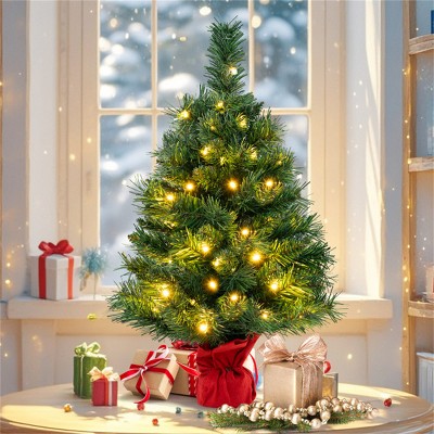 24" Mini Artificial Christmas Tree: 71 Branch Tips, 35 Warm White LEDs, Flame-Retardant PVC, Cement Base for Tabletop/Windowsill