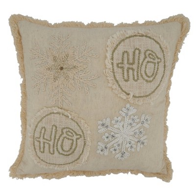 Saro Lifestyle Embroidered Ho Ho Ho Snowflake Pillow - Poly Filled, 18" Square, Ivory