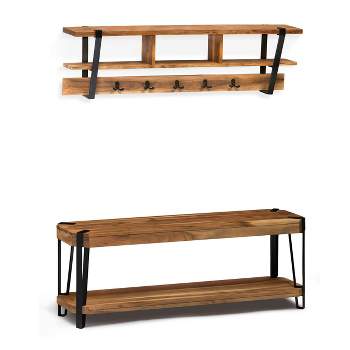 48" Ryegate Live Edge Wood Bench with Coat Hook Shelf Set Natural - Alaterre Furniture