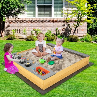 Safstar Kids Sandbox Outdoor Wooden Sandpit w/ Bottom Liner Creative Cooking Area