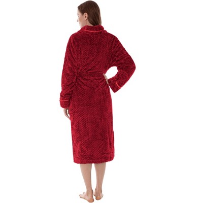 Wine Red Plush Fleece Bathrobe with Satin Trim, S/M