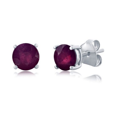 Simona Sterling Silver Four-Prong 6mm Round, 2.7cttw Gemstone Earrings-Glass Filled Ruby - Red