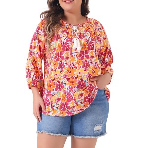 Agnes Orinda Women's Plus Size Floral Print Self Tie Neck 3/4 Sleeves Boho Blouses - 1 of 4
