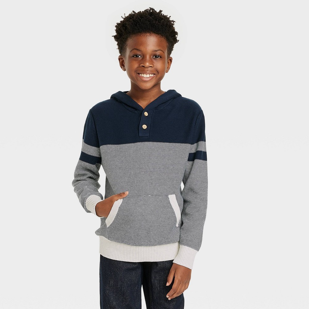 Size XS Boys' Colorblock Striped Hoodie Sweater - Cat & Jack Navy XS, Blue