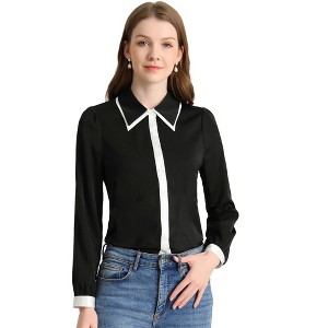 Allegra K Women's Contrast Collar Long Sleeve Office Button Down Shirts - 1 of 3