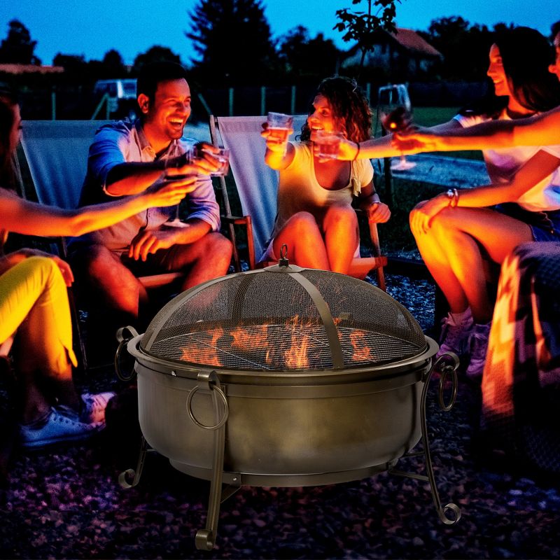 Outsunny 37" Outdoor Fire Pit Grill, Portable Steel Wood Burning Bowl, Cooking Grate, Poker, Spark Screen Lid for Patio, Backyard, BBQ, Bronze Colored, 3 of 7