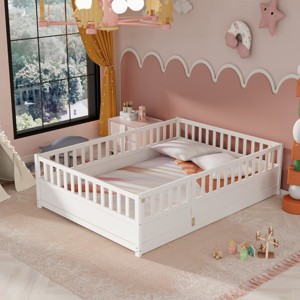 Wood Floor Bed with Safety Fence, Pine Montessori Frame with Door for Kids Bedroom or Playroom Use - Baofuwish - 1 of 4