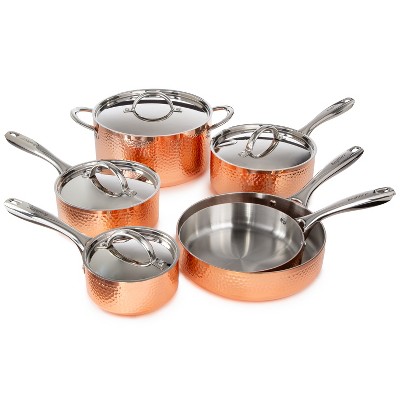 BergHOFF Vintage Tri-Ply 18/10 Stainless Steel Cookware Set, Hammered  (10Pc-Silver)