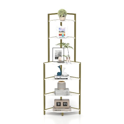 6-Tier Corner Open Shelf Modern Bookcase Wood Rack Freestanding Shelving Unit,Plant Album Trinket Sturdy Stand Small Bookshelf for Home Office Kitchen