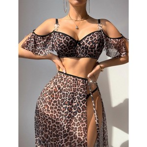 Clotth Elegent Lingerie Set - Babydoll Lingerie with Mesh & Lace Detail,Open Back with O-Ring Straps,Cute Sheer Skirt with High Slit,Leopard print - 1 of 4
