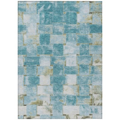 Teal Blue And Khaki Striped Washable Indoor Outdoor Area Rug