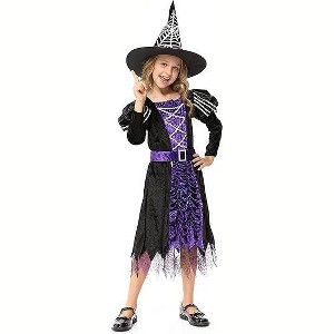 Girls Witch Costume for Kids, Halloween Party Dress Up Cosplay Fairy Tale Witch Outfit Set - 1 of 4