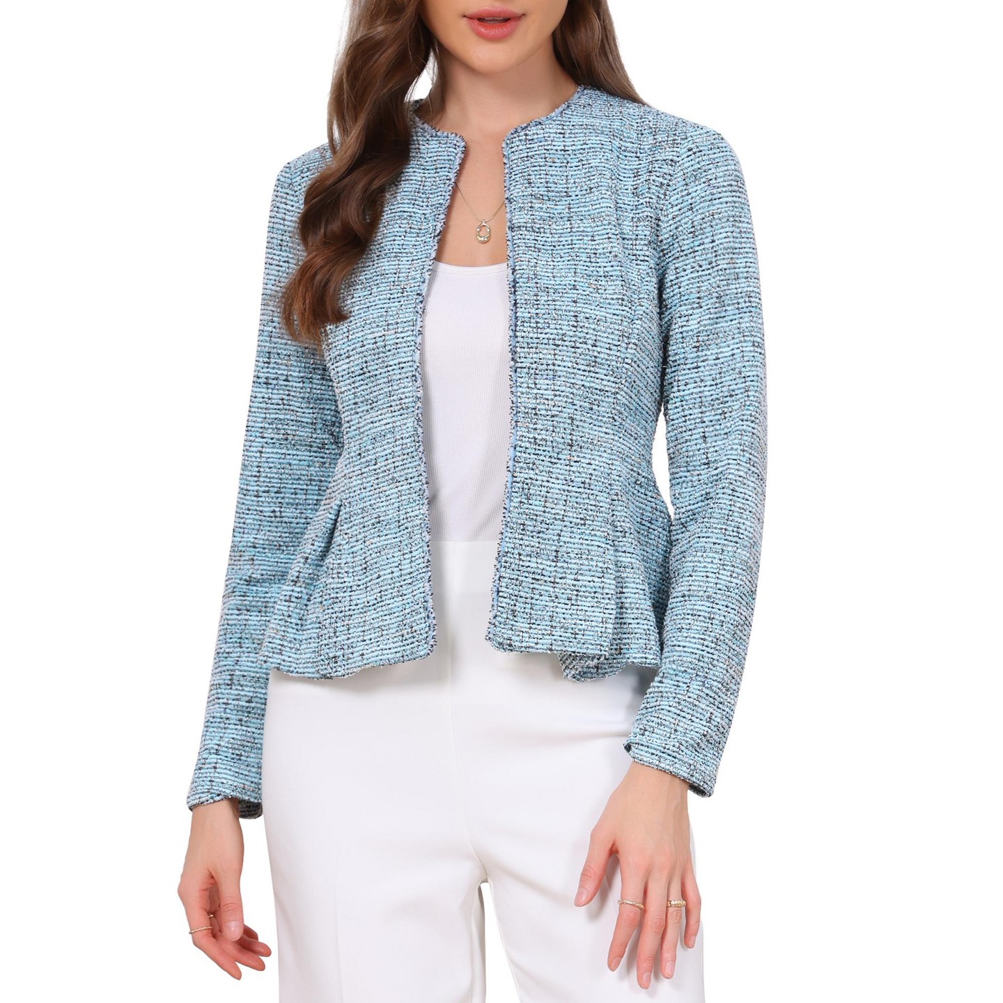 Женская куртка INSPIRE CHIC Tweed Collarless Long Sleeve Open Front Vintage At Hip Business Casual Blazer Jacket Medium Blue, цвет: Синий — фото 1