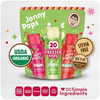 JonnyPops Organic Freezer Pops Sours Strawberry, Green Apple, Watermelon - 28 fl oz/20ct