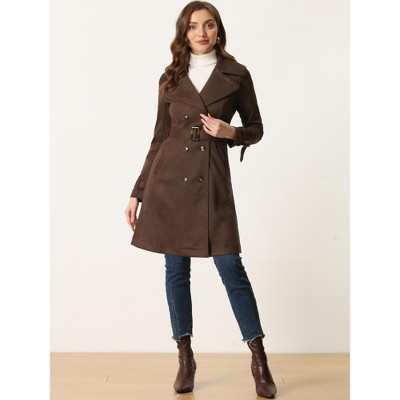 Allegra K Women's Faux Suede Notched Lapel Strap Cuff Solid Double Breasted Tie Belt Trench Coat Coffee Medium — фото 2