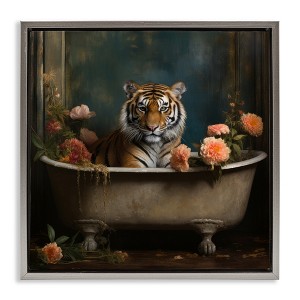 Stupell Industries Tiger in Floral Bathtub Black Framed Floater Canvas Wall Art - 1 of 4