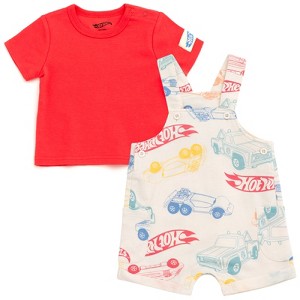 Hot Wheels Baby French Terry Square Neck Short Overalls and T-Shirt Outfit Set Newborn to Infant - 1 of 4
