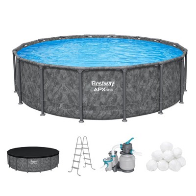 Bestway APX 365 16' x 48" Round Above Ground Swimming Pool Outdoor Backyard Framed Pool Set with Sand Filter Pump, Ladder, and Cover, Dark Marble
