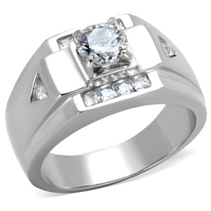 Slickblue Men’s CZ Ring, Silver Stainless Steel, Wide Band, Round Center Stone, Triangle Detail, Size 8–13 - 1 of 4