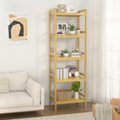 Aheaplus 5-Tier Adjustable Bamboo Bookshelf, Freestanding Display Storage Shelf