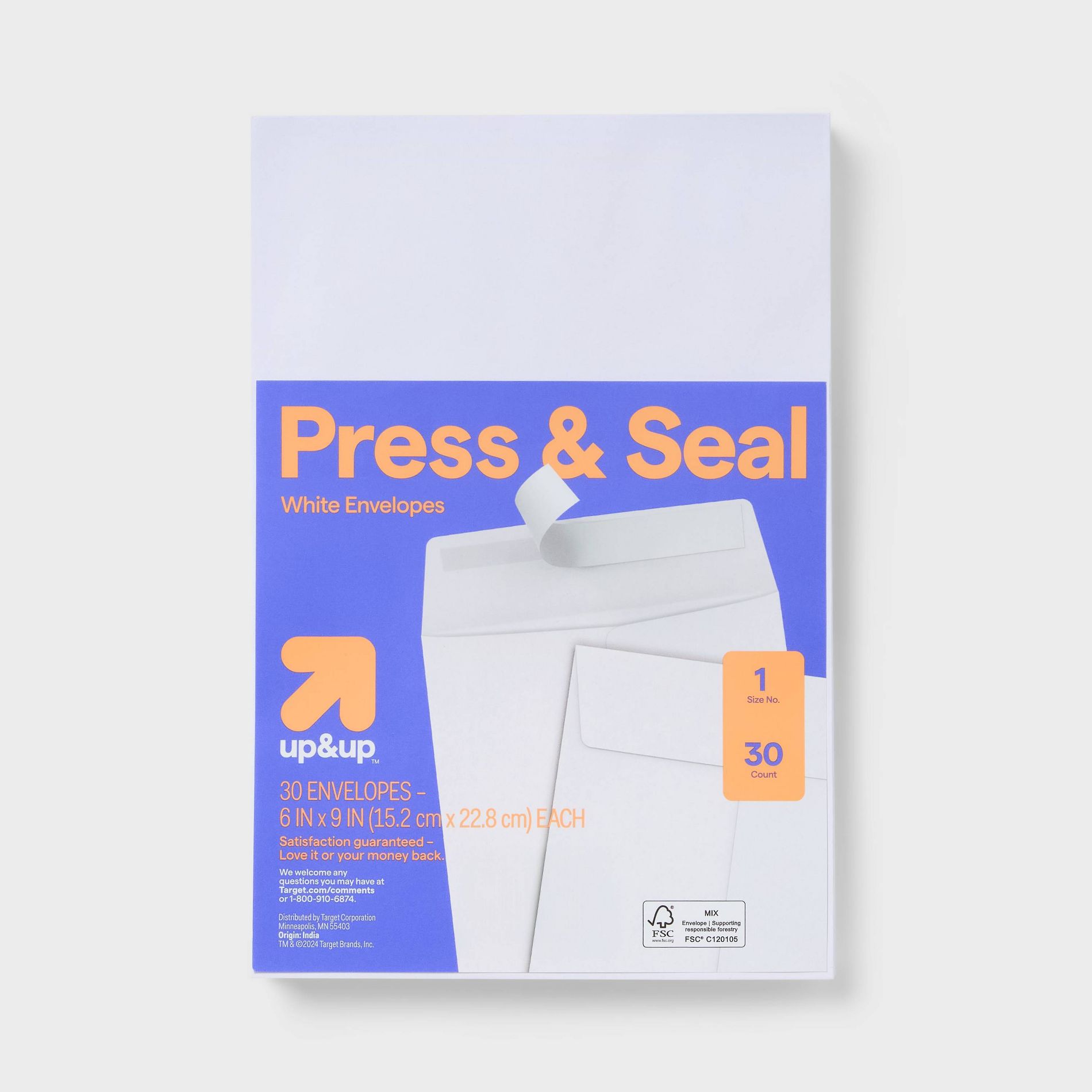 30ct 6" x 9" Press and Seal Envelopes White - up&up™: Self-Seal Mailing, Paper, Gummed Flap, Size 9, 30 Pack