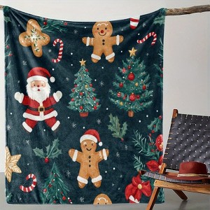 Flannel Christmas Blanket with Santa, Gingerbread, Holly & Candy Cane Patterns - Plush All-Season Holiday Throw Christmas Gift. - 1 of 4