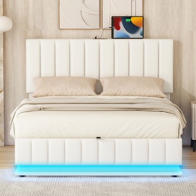 Modern Platform Bed with Sockets and USB Ports, Upholstered Bed with Hydraulic Storage System and LED Light - ModernLuxe