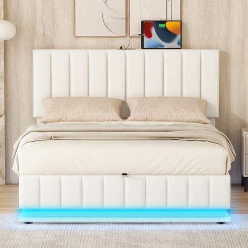 Full Size Modern Platform Bed With Sockets And Usb Ports, Upholstered ...