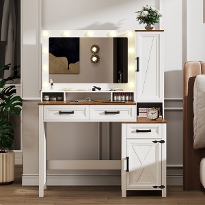 Fredees Makeup Vanity Desk: Mirror, Light, Farmhouse Style, 2 Drawers, Charging Station, 3 Color Lighting Modes, for Girls - 1 of 4