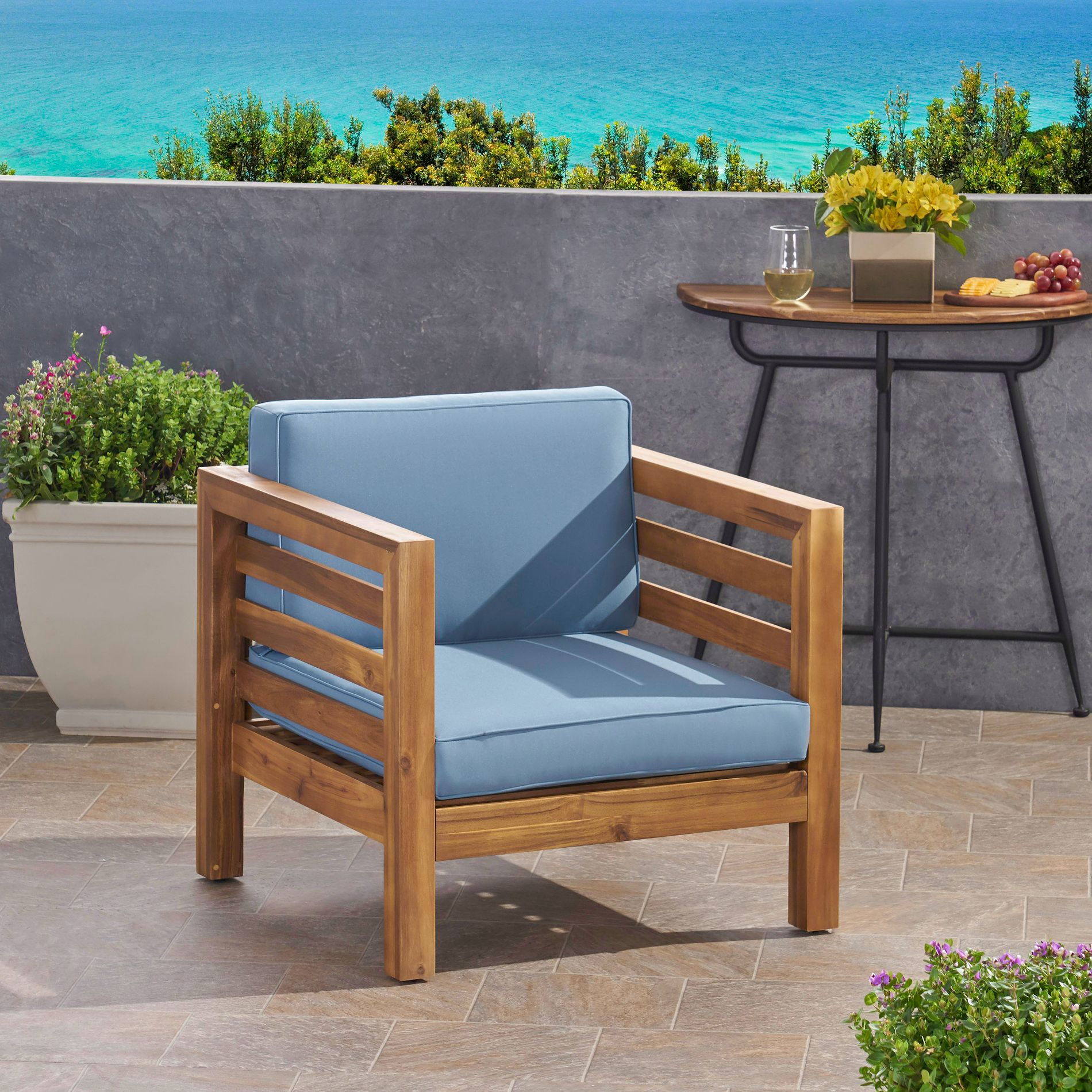 KWPZQEB Outdoor Patio Furniture - Solid Wood Armchair, All-Weather Modern Outside Furniture with Washable Thick Cushion for Garden Porch, Blue