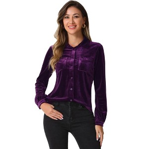 INSPIRE CHIC Women's Pocket Front Velvet Long Sleeve Casual Button Down Shirt - 1 of 4