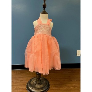 Girls Sequin Halter Party Dress Elegant Low Back Wedding Flower Girl Skirt Birthday Silhouette Sparkly Tulle Gown with Bow Back Peach 7-9