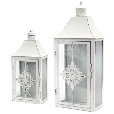 Melrose Set of 2 Vintage Rose White Distressed Pillar Candle Lanterns 19.5"