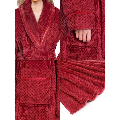 Wine Red Plush Fleece Bathrobe with Satin Trim, S/M