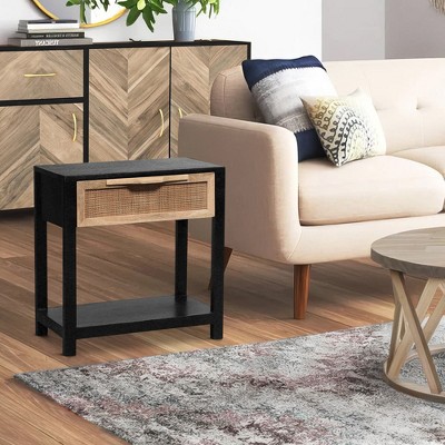 Royal Hampton 22 Inch Side End Table, Natural Brown Rattan Front Drawer, Open Shelf, Black Mango Wood Frame