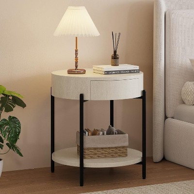 Homhougo Round End Table Farmhouse Side Table with Drawer Wood Circle End Tables Small Bedside Table Metal Frame Nightstand, Easy Assembly, White