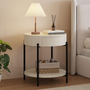 Homhougo Round End Table Farmhouse Side Table with Drawer Wood Circle End Tables Small Bedside Table Metal Frame Nightstand, Easy Assembly, White - 1 of 4