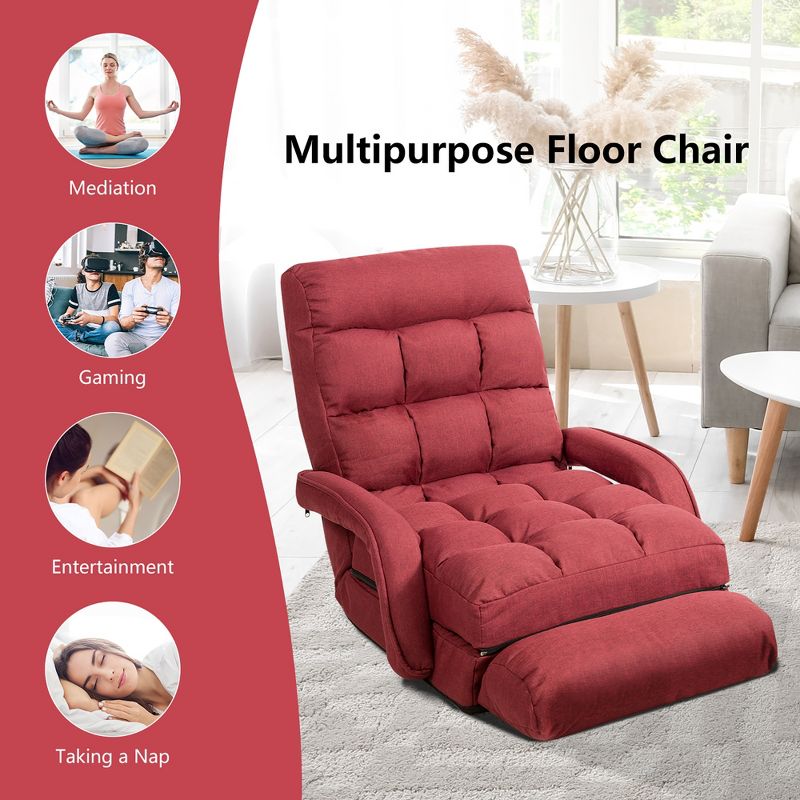 Costway Folding Floor Armchair w/ 6-position Adjustable Back & Lumbar Pillow Red\Grey, 3 of 11