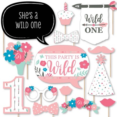 Big Dot of Happiness She's a Wild One - Boho Floral 1st Birthday Party Photo Booth Props Kit - 20 Count