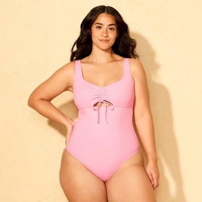 Shade & Shore Women's Ribbed Cinch Front Scoop Neck Cheeky Coverage One Piece Swimsuit - Shade & Shore™ Pink M — фото 4
