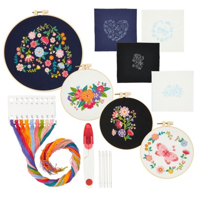 Bright Creations 28 Piece Floral Embroidery Starter Kit for Beginner with Yarn, Patterns, Hoops & Needles