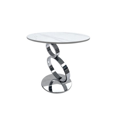 HomeRoots 21" White And Silver Stone And Stainless Steel Round Pedestal End Table