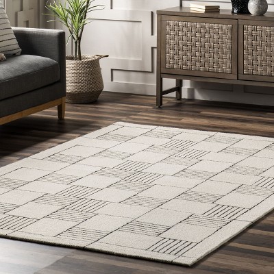 Ivory Abstract Checkered Handmade Wool Area Rug, 6' x 9'